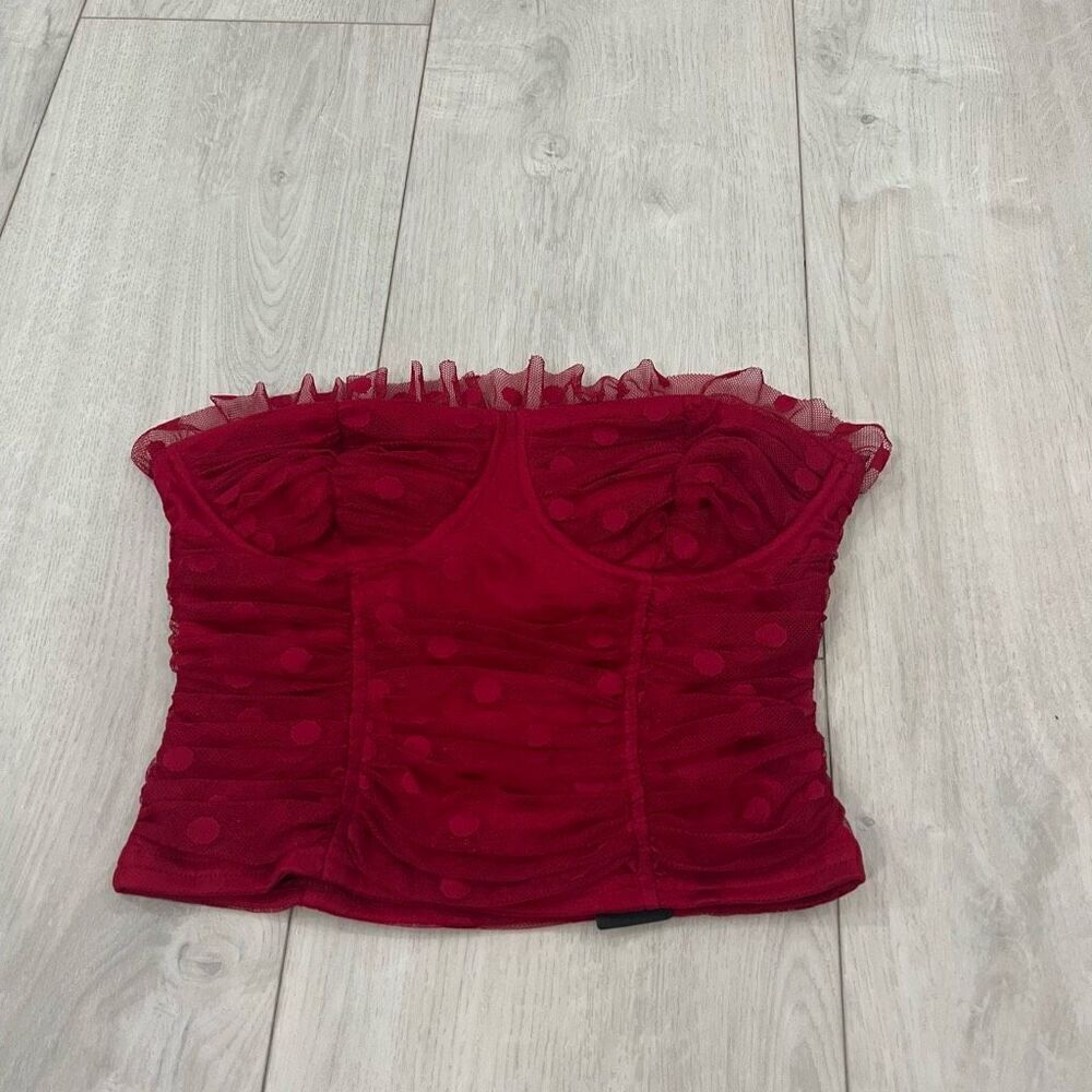 Lulus In the Spotlight Red Polka Dot Mesh Bustier Crop Top size S